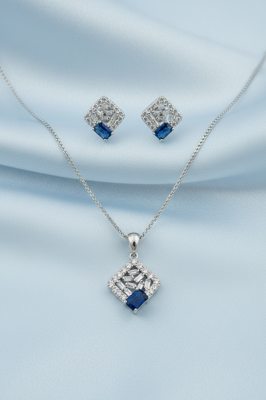 Blue Gem Square Pendant Set