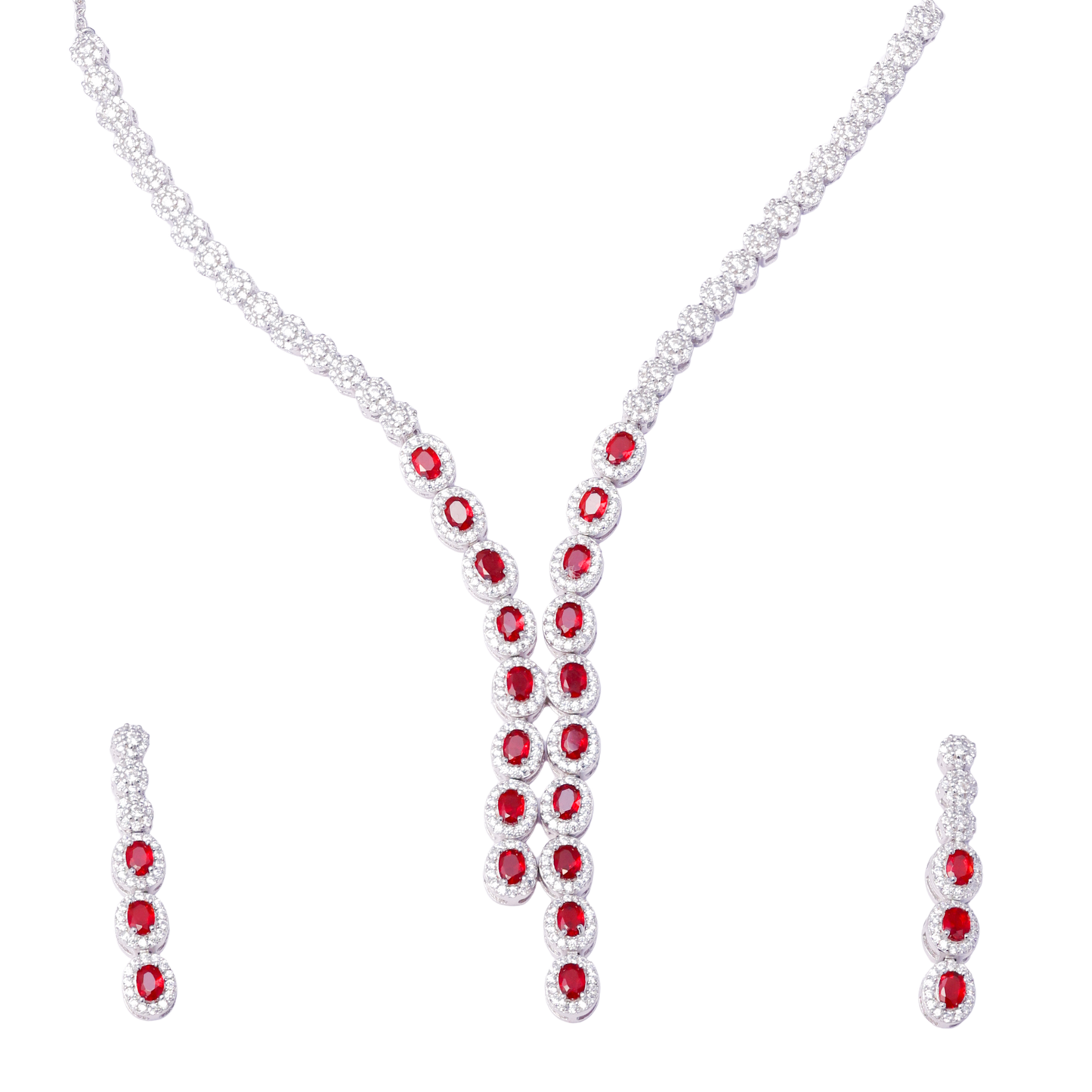 Crimson Plunge Statement Set – Ruby & Silver Halo Duo