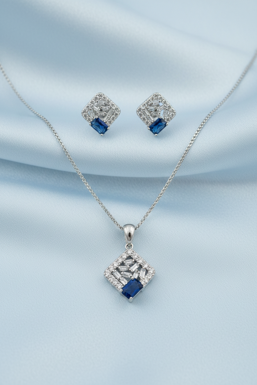 Blue Gem Square Pendant Set