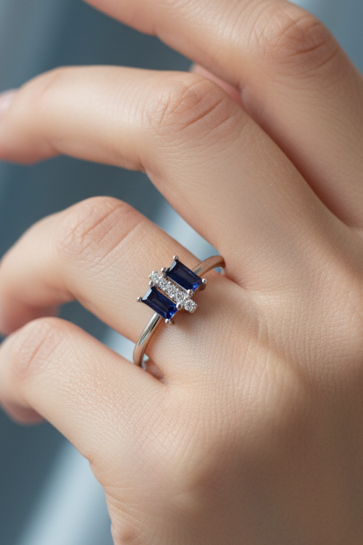 3 Stone Blue Sapphire Ring