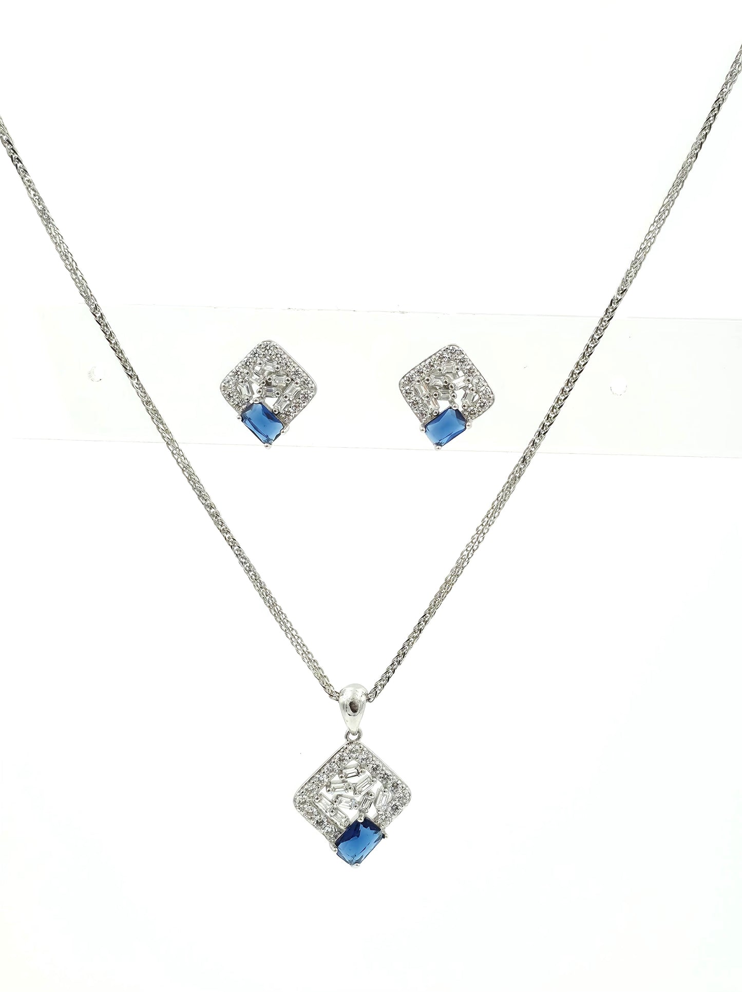 Blue Gem Square Pendant Set