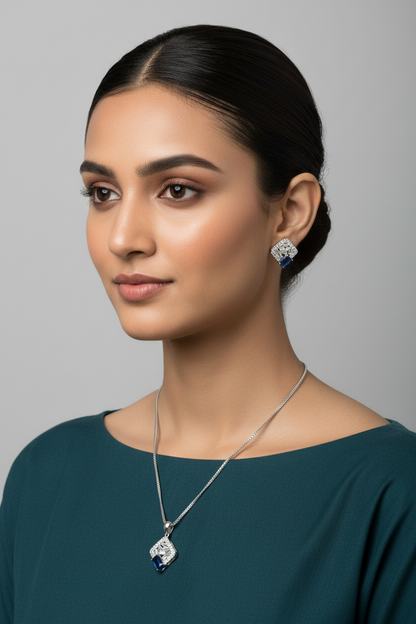 Blue Gem Square Pendant Set
