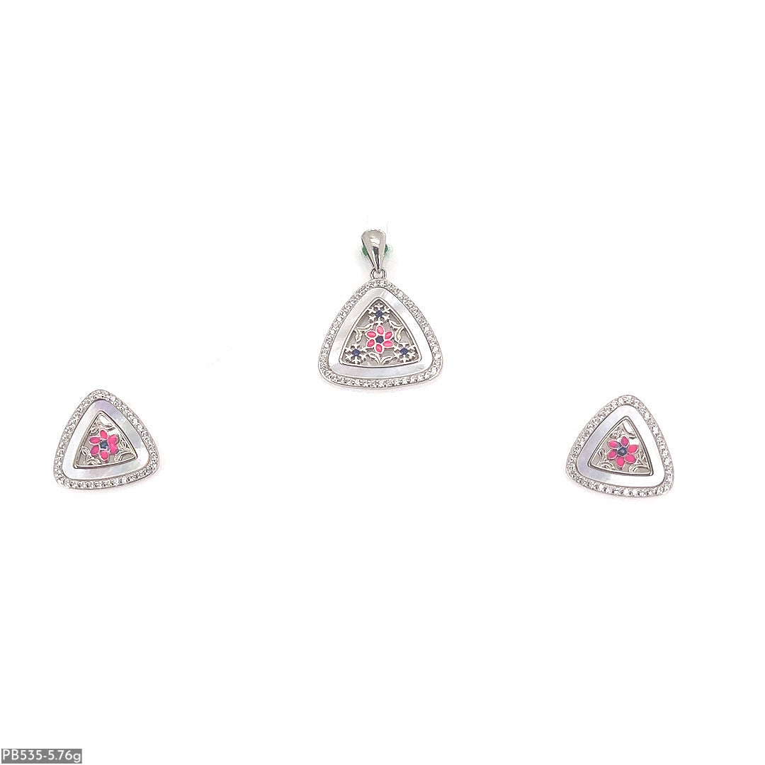 MOP Triangle Silver Pendant & Earring ( PB535 )