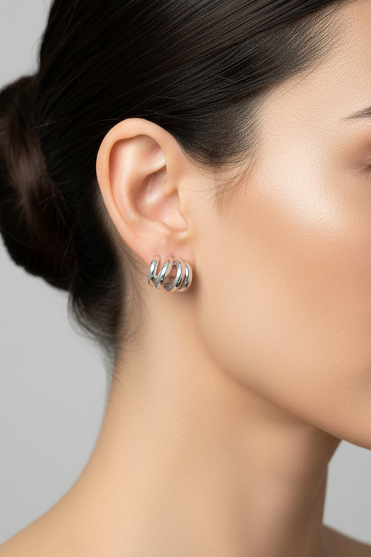 Triple Circle Hoop Silver Earring