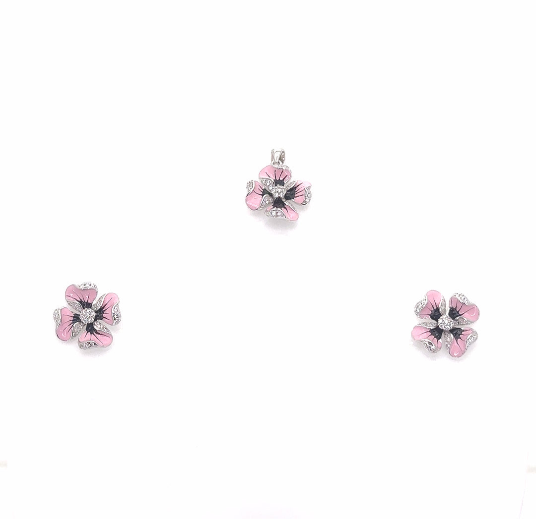 Pink Enamel Flower Pendant & Earring ( CP658 )
