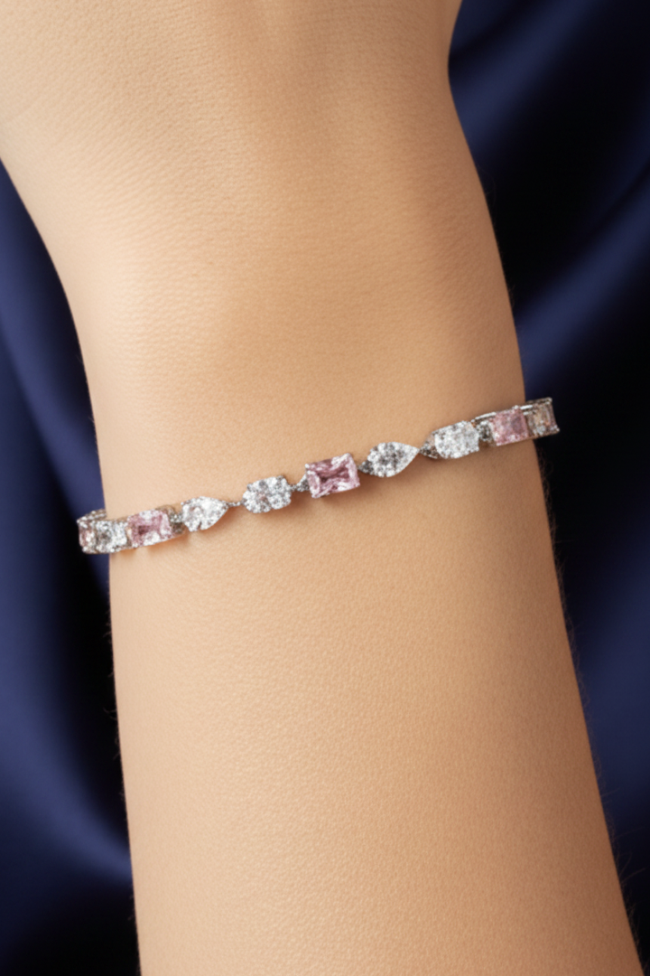 Pink Emerald & White Pear Cut Tennis Bracelet