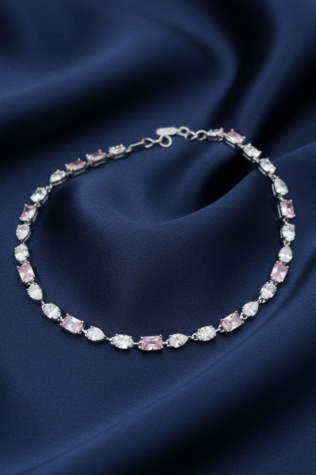 Pink Emerald & White Pear Cut Tennis Bracelet