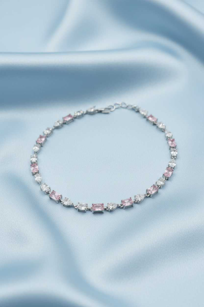 Pink Emerald & White Pear Cut Tennis Bracelet