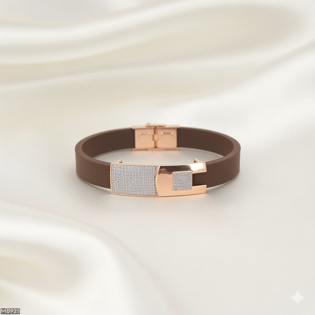 Leather Brown Belt Silver Bracelet ( MB926 )