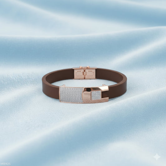 Leather Brown Belt Silver Bracelet ( MB926 )