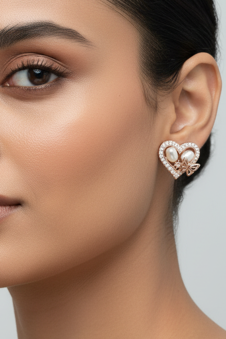 Rose Gold Pearl Heart Earrings