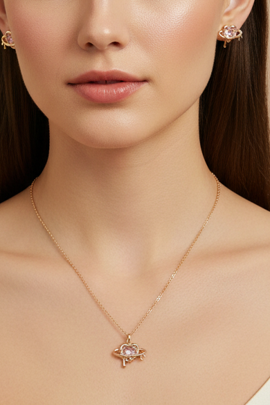 Rose Gold Planet Heart Pendant Set