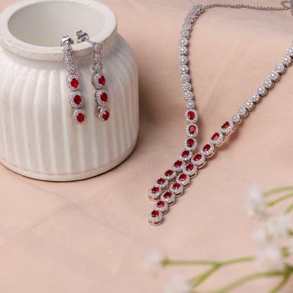 Crimson Plunge Statement Set – Ruby & Silver Halo Duo
