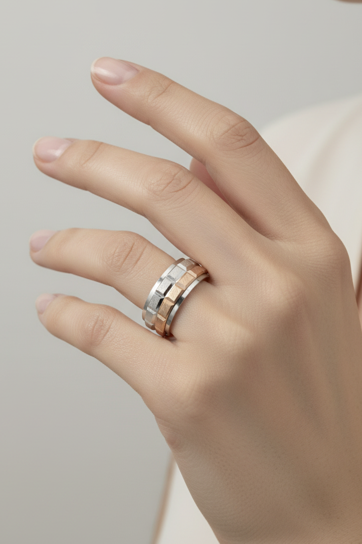 Unisex Two Tone Diamond Cut Band Ring