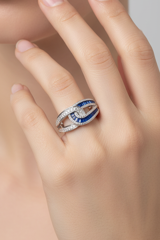 Blue Sapphire Diamond Swirl Ring