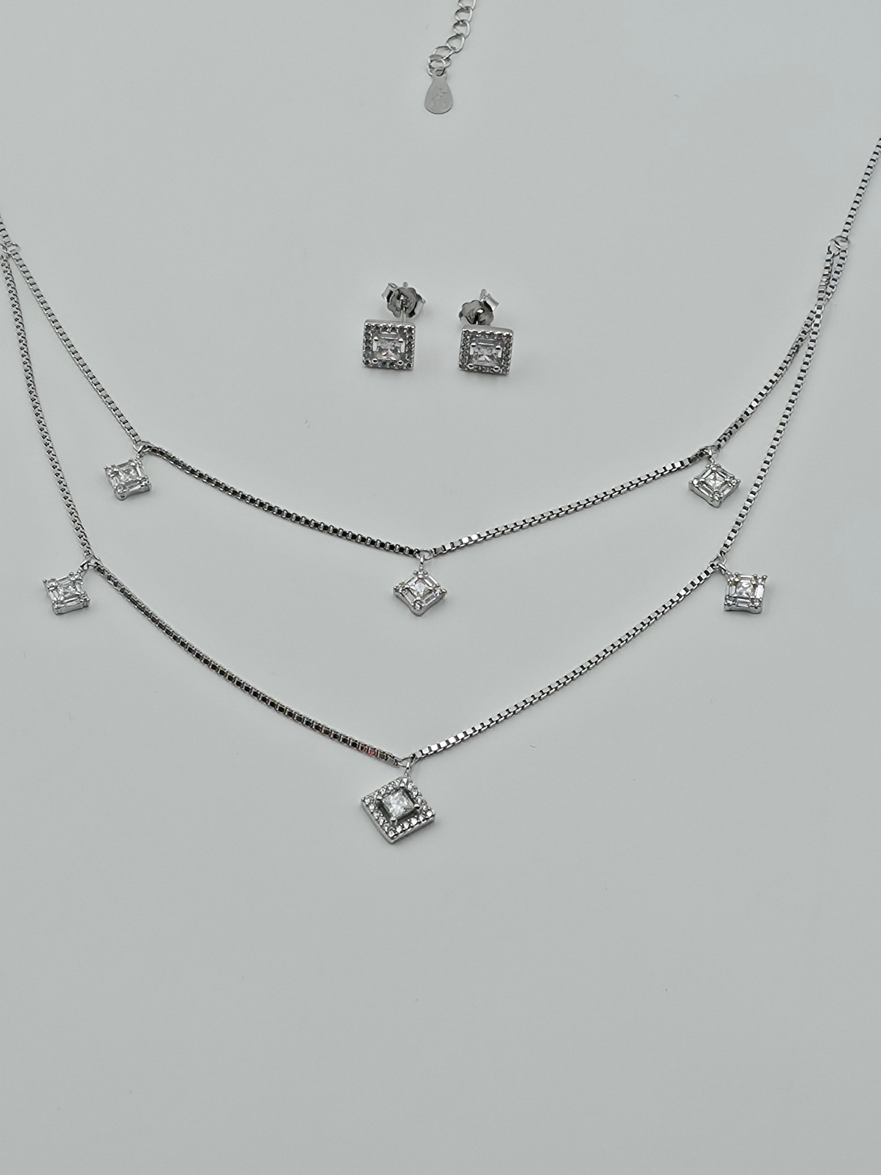 Double Layer Square Halo Pendant Set