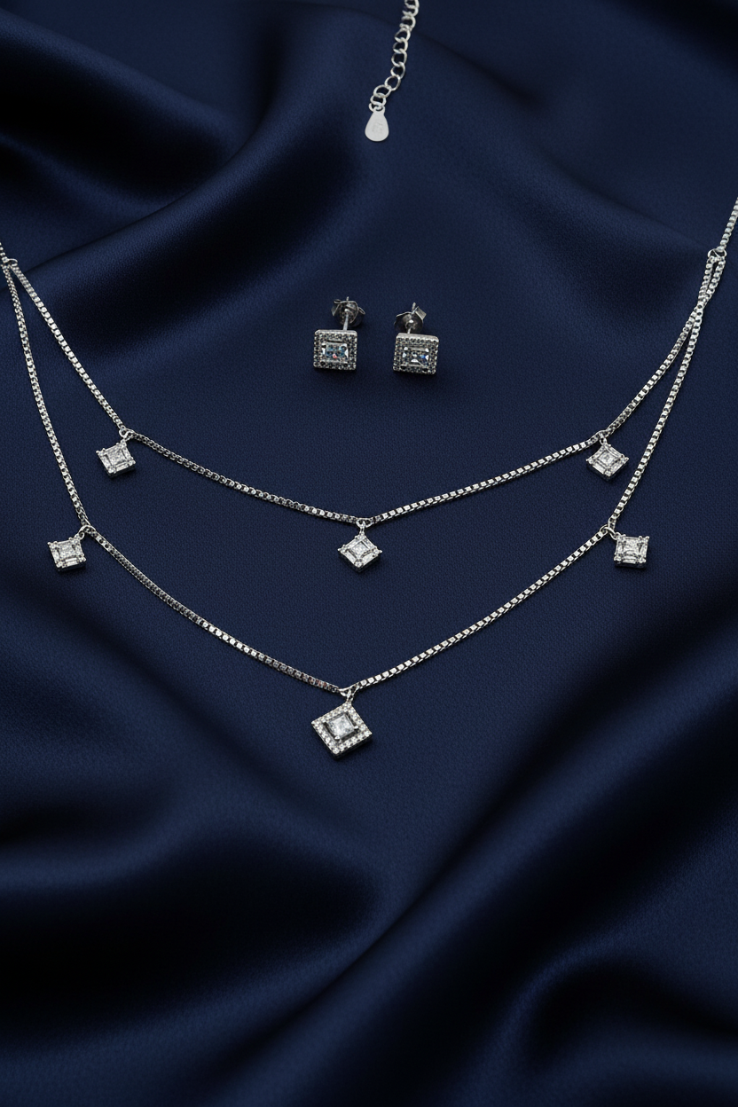 Double Layer Square Halo Pendant Set