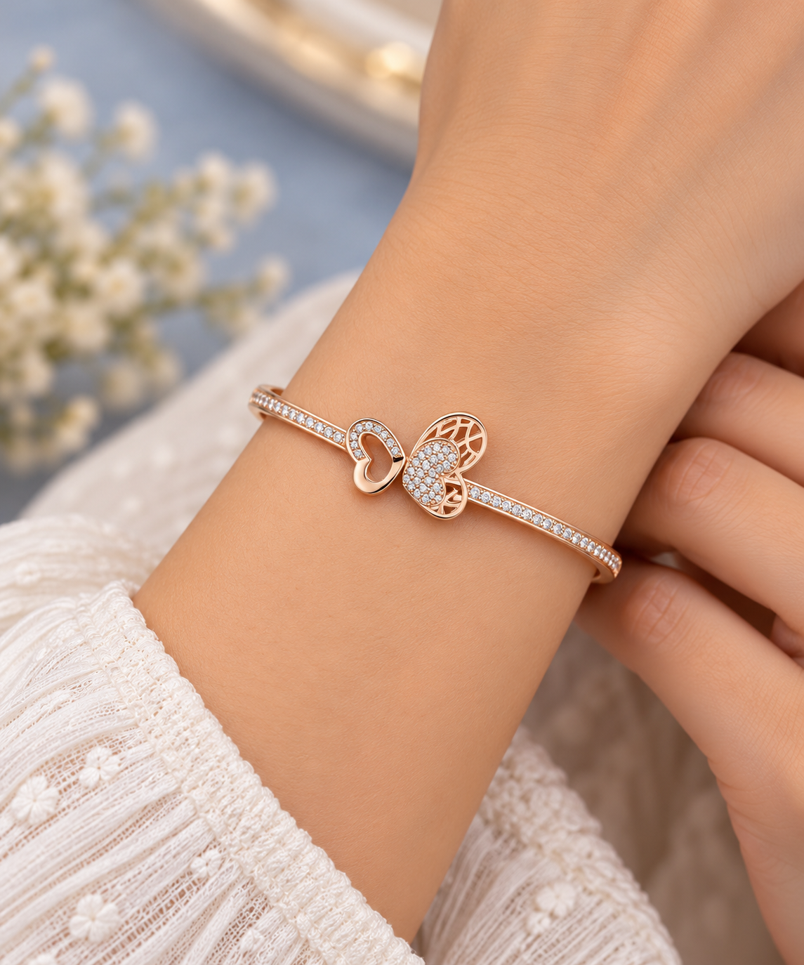 Rose Gold Filigree Twin Heart Spring Bracelet