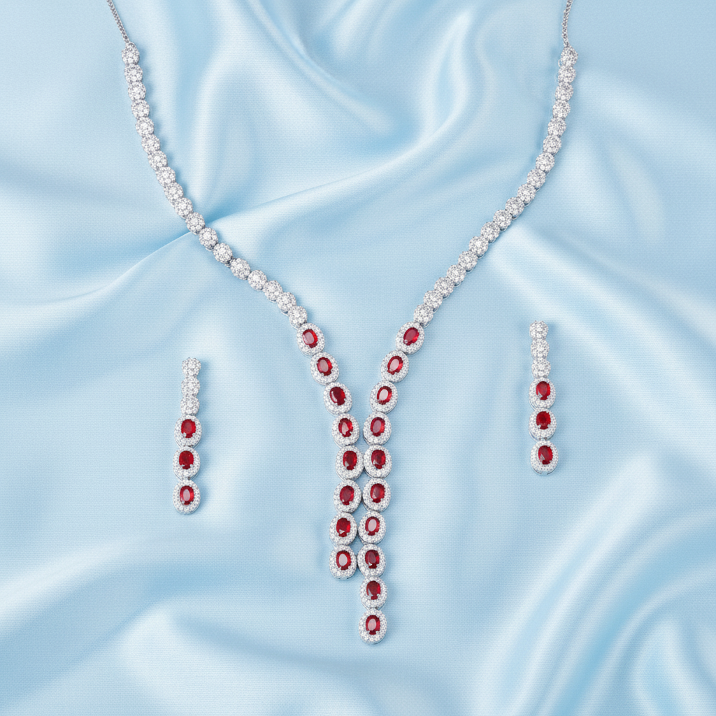 Crimson Plunge Statement Set – Ruby & Silver Halo Duo