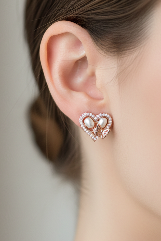 Rose Gold Pearl Heart Earrings