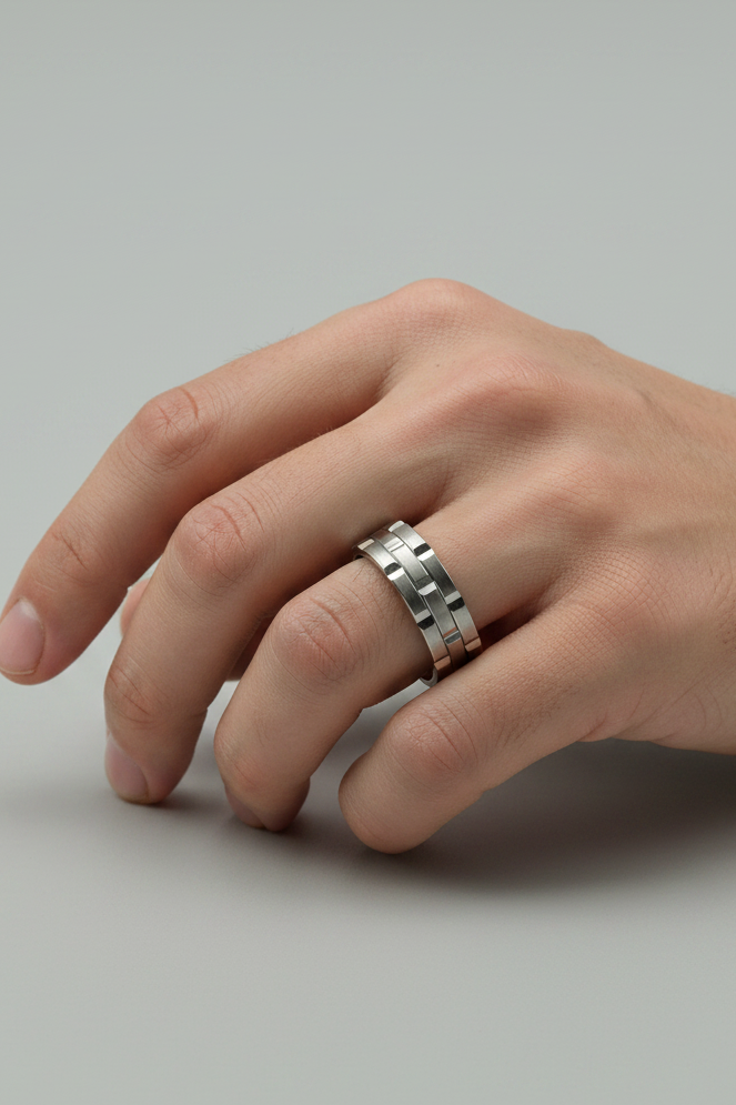 Unisex Silver Brick Band Ring