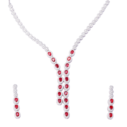 Crimson Plunge Statement Set – Ruby & Silver Halo Duo