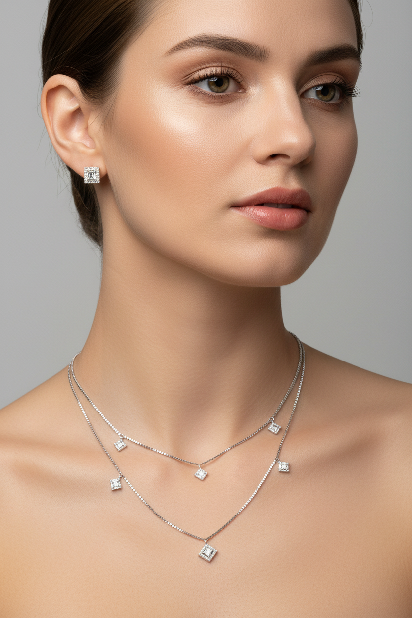 Double Layer Square Halo Pendant Set