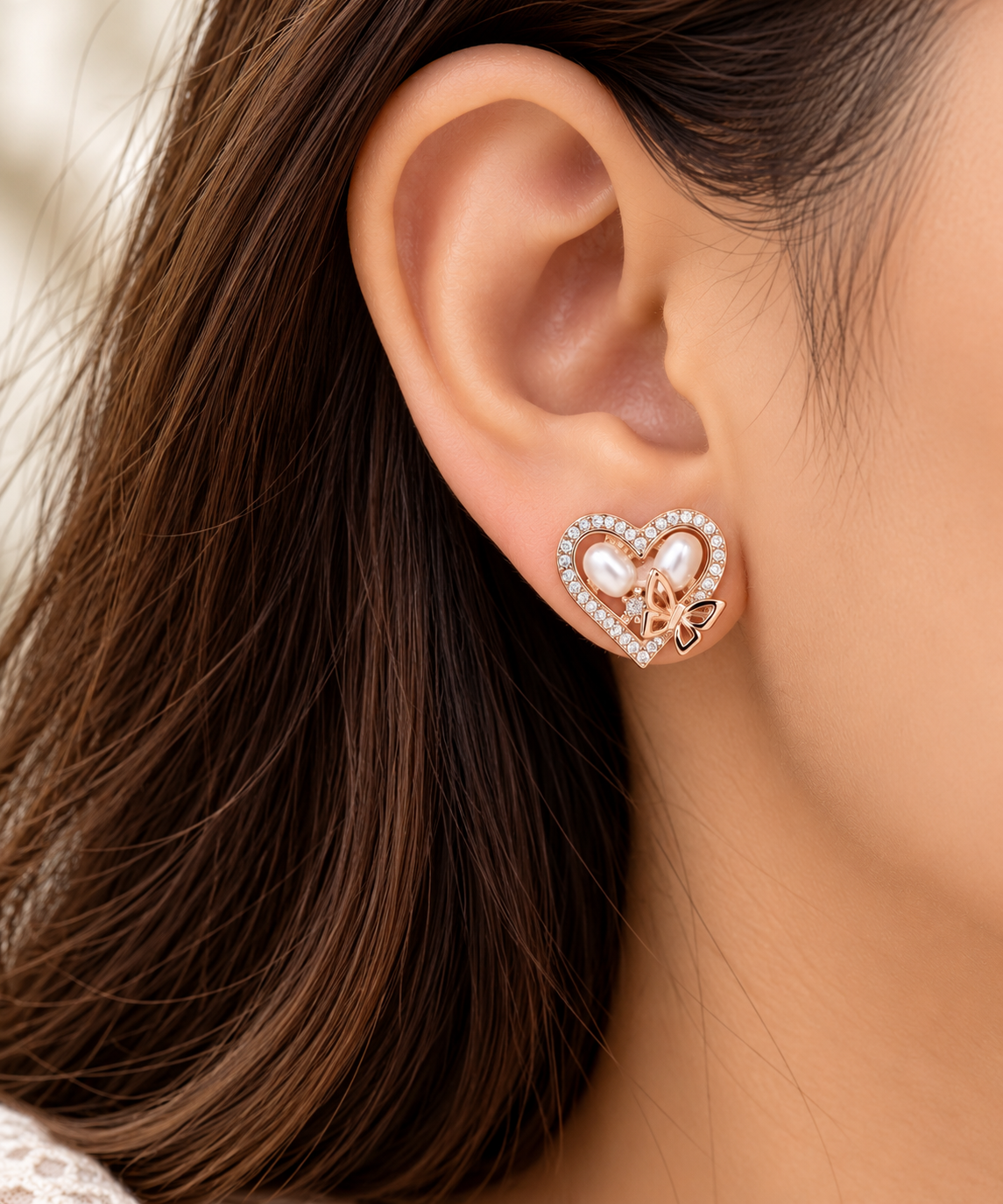 Rose Gold Pearl Heart Earrings
