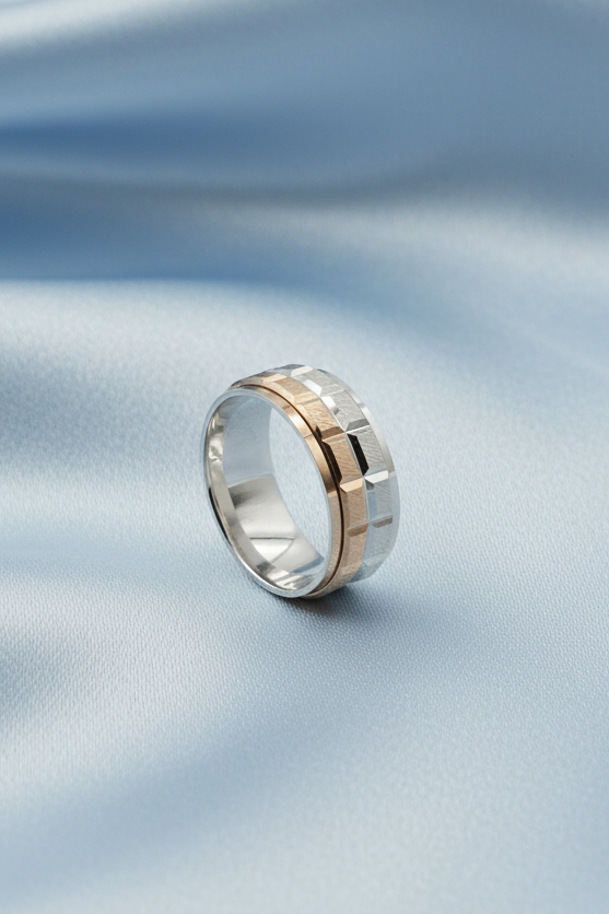 Unisex Two Tone Diamond Cut Band Ring