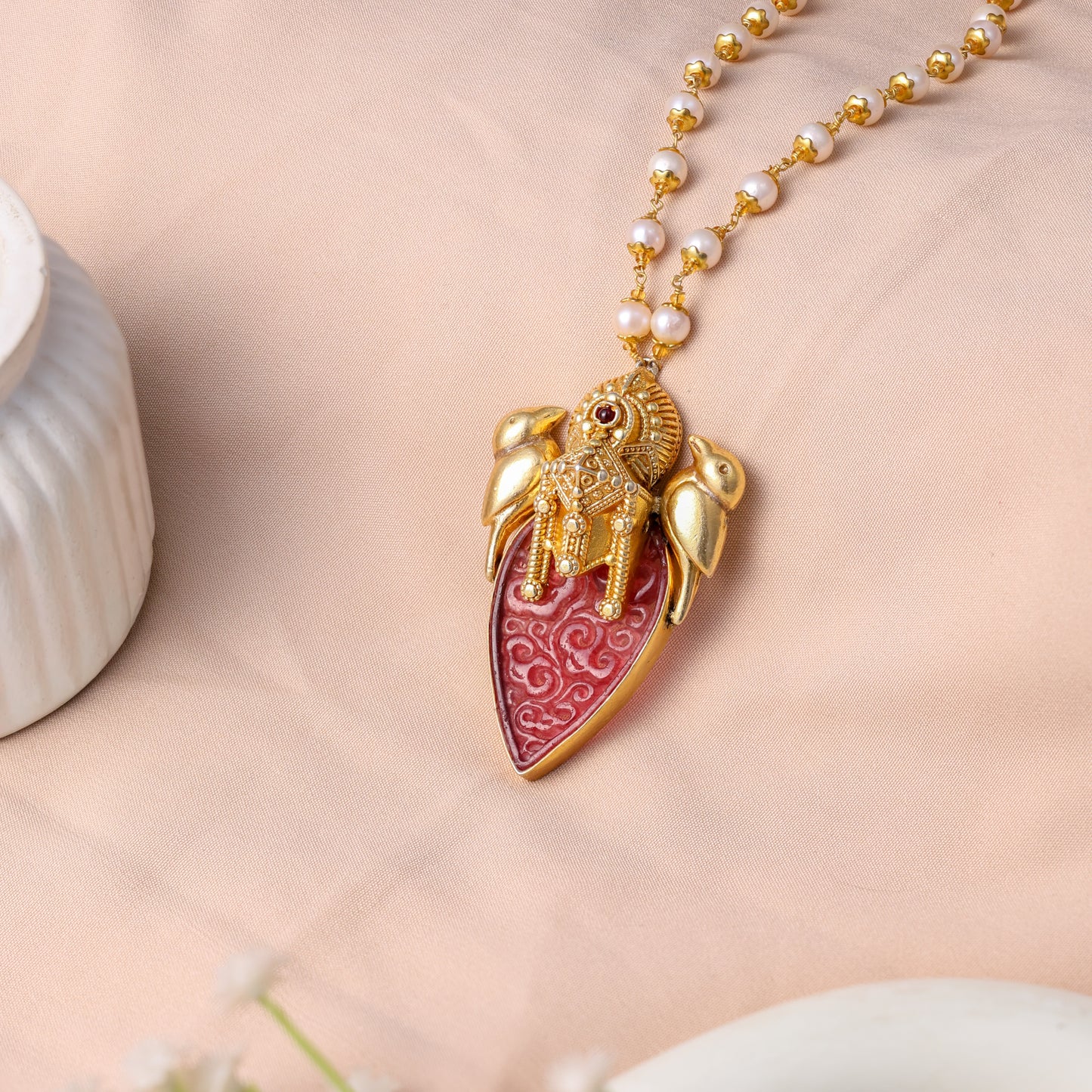 Heritage Bird Motif Pearl Pendant Necklace