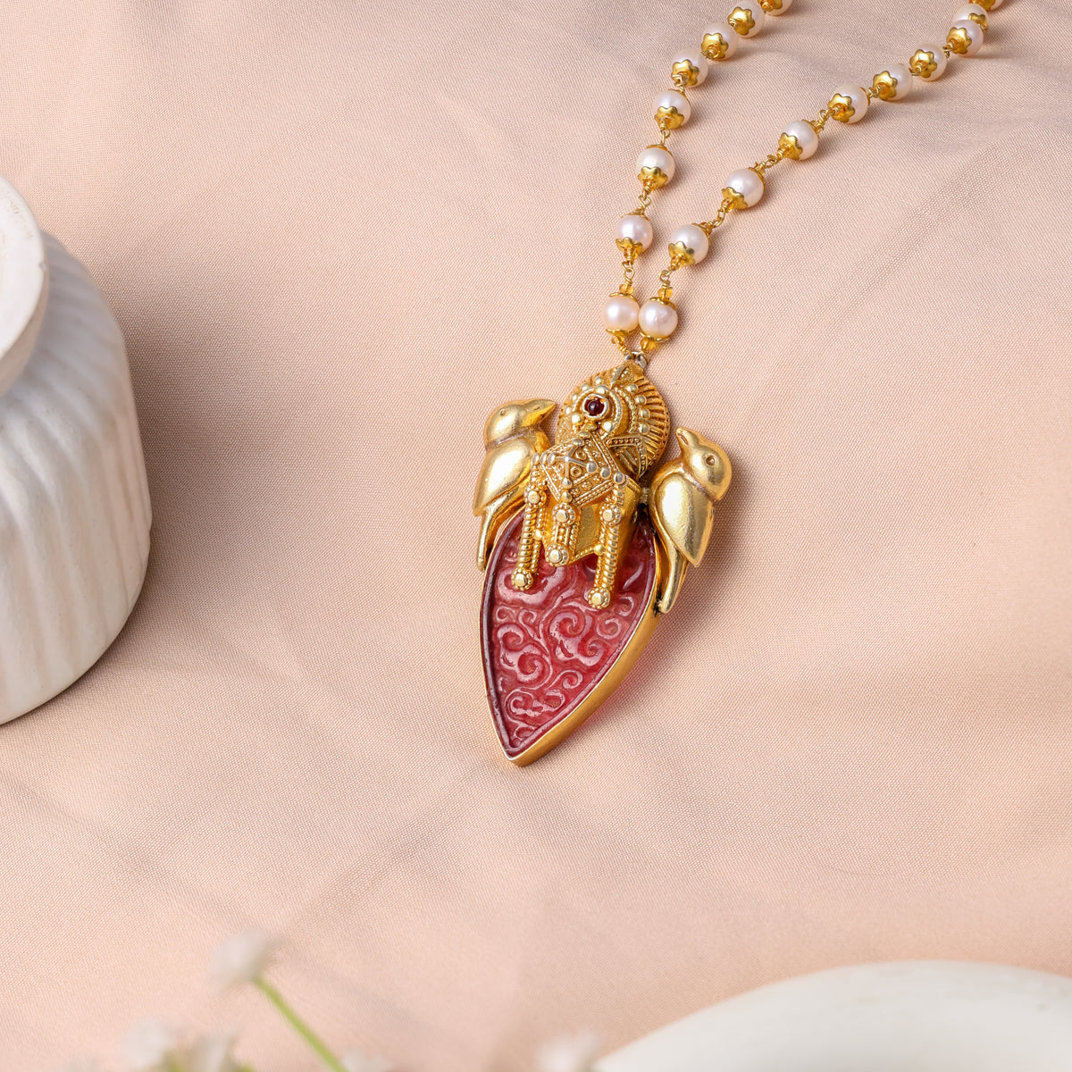 Heritage Bird Motif Pearl Pendant Necklace