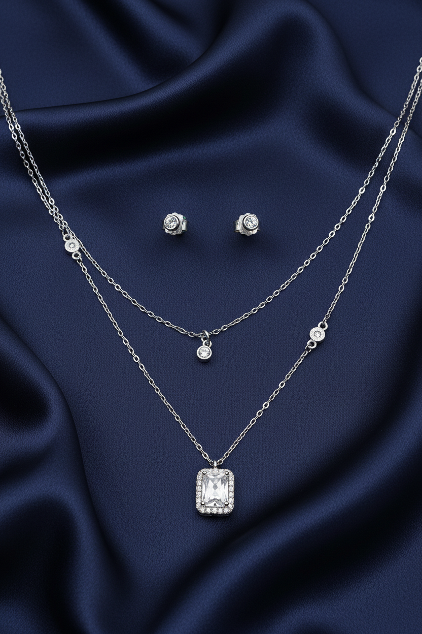 Emerald Cut Halo Pendant Set